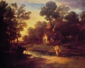 托马斯庚斯博罗 - Wooded Landscape with Cattle